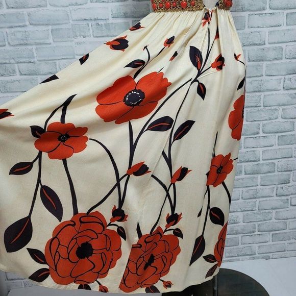 Vintage 60s 70s Union Made Maxi Dress Navy Orange Floral Skirt Beaded Waist - Picture 10 of 12